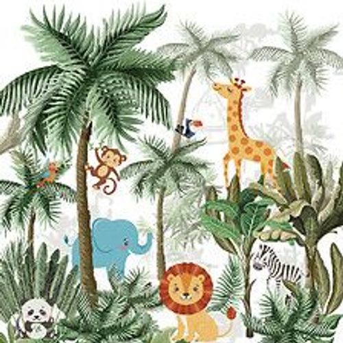 Papier peint panoramique intiss?, papier intiss?, illstrations des animaux de la jungle dans la for?t tropicale, chambre d'enfant, 250 cm X 250 cm