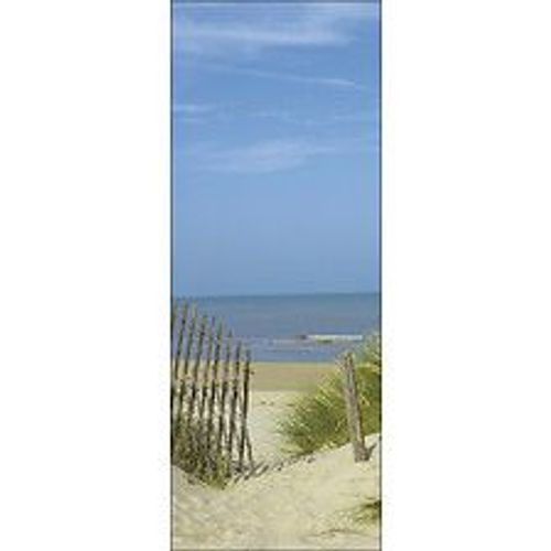 Papier peint panoramique intiss?, photo d'un bord de mer avec un ciel bleu avec en premier plan les dunes , 250 cm X 96 cm