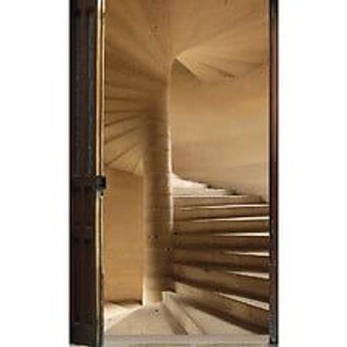 Papier peint panoramique intiss?, papier intiss?, porte en bois ouverte sur un escalier en pierre, style forteresse , 250 cm X 150 cm
