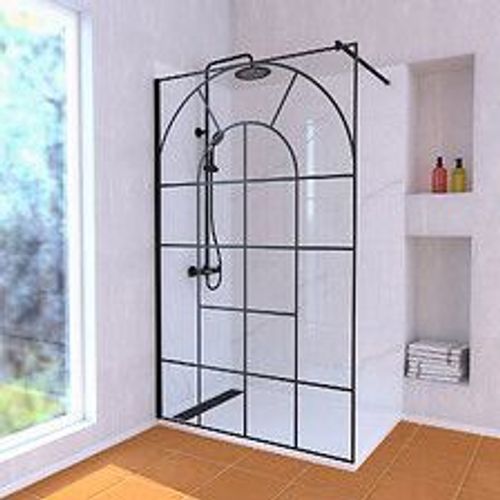 Paroi de Douche 120x195 Motif Verri?re + Receveur Blanc 80x120 + Colonne de Douche Noire Thermostatique