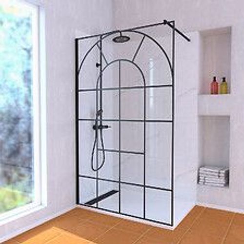 Paroi de Douche 120x195 Motif Verri?re + Receveur Blanc 80x120 + Colonne de Douche Noire M?canique