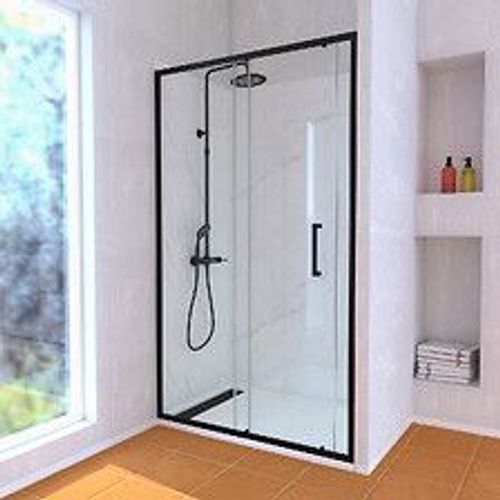 Porte de Douche Coulissante 120x200 cm Profil Noir et Receveur Blanc + Colonne de Douche M?canique