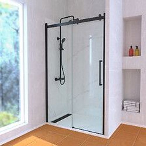 Porte de Douche Coulissante Industriel 120x200 + Receveur Blanc + Colonne de Douche Thermostatique