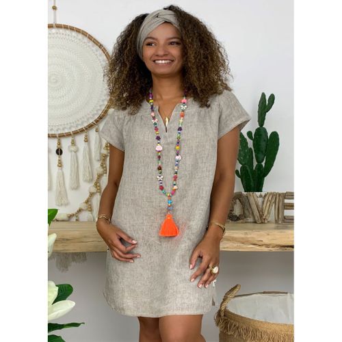 Robe Unie Col V Couleur Écru
