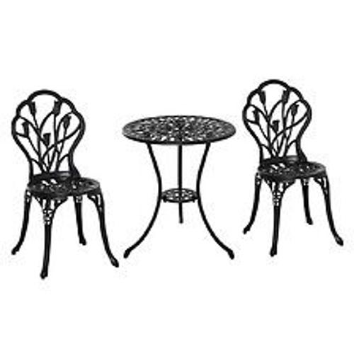 Ensemble Salon De Jardin 2 Places 2 Chaises + Table Ronde Fonte D'aluminium Imitation Fer Forg? Noir
