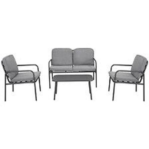 Ensemble Salon De Jardin 4 Places 4 Pi?Ces - 8 Coussins D?Houssables Inclus - M?Tal ?Poxy Polyester Gris