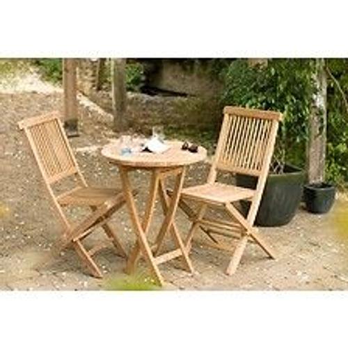 Harris - Salon De Jardin En Bois Teck 2 Personnes : Ensemble De Jardin - 1 Table Ronde Pliante 60 Cm Et 2 Chaises