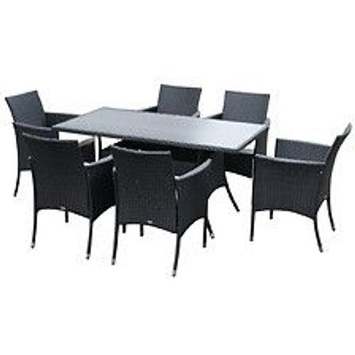 Outsunny Ensemble Salon De Jardin 6 Personnes - Grande Table Rectangulaire, 6 Fauteuils - 6 Coussins D'assise D?Houssables Inclus - M?Tal ?Poxy Verre Tremp? 5 Mm R?Sine Tress?E Noire