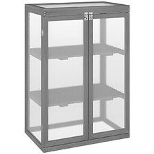 Mini Serre De Jardin 3 Niveaux Dim. 76l X 47l X 110h Cm Double Porte Toit Ouvrant Bois Sapin Lasur? Gris Polycarbonate