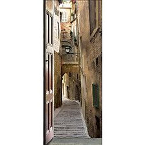 Sticker d?coratif pour porte, trompe l'oeil rue pi?tonne, porte en bois sur une ruelle, chemin de pav?s, volets en bois ferm?s, 204 cm X 83 cm