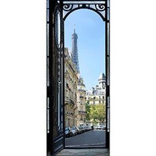 Sticker d?coratif pour porte, trompe l'oeil porte en fer noir ouverte sur les rues de paris, tour eiffel, voiture, immeubles parisien,, 204 cm X 83 cm