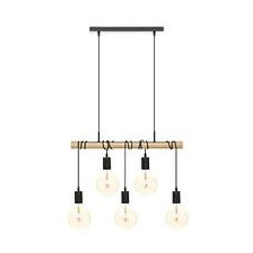 Luminaire Suspension 5 Lampes En M?Tal Noir Et Bois De Pin L 60 Cm