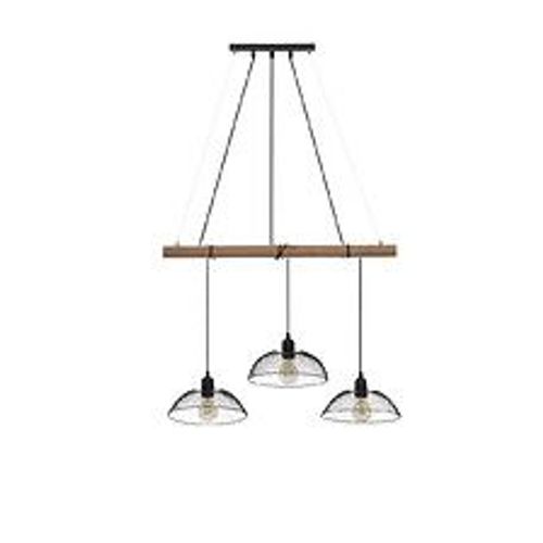 Luminaire Suspension 3 Lampes En M?Tal Noir Et Bois De Pin L 70 Cm