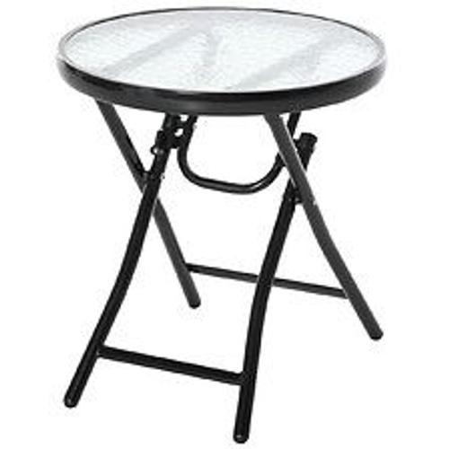 Table Basse Ronde Bistro De Jardin ? 45 X 50h Cm Pliable M?Tal ?Poxy Noir Plateau Verre Tremp?