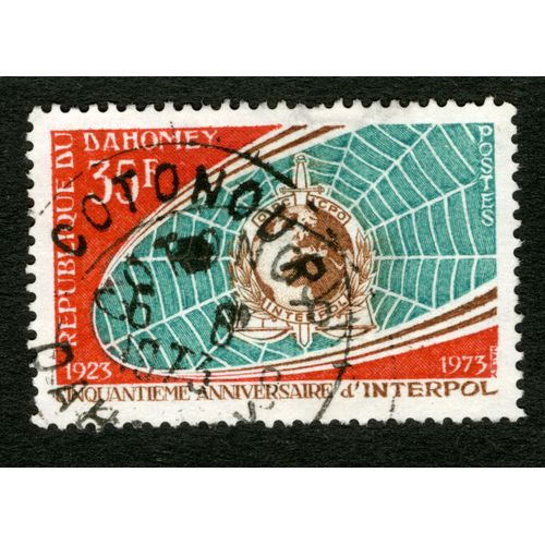 Timbre Oblitéré République Du Dahomay, 35 F, Cinquantième Anniversaire D'interpol, 1923-1973, Postes, Haley