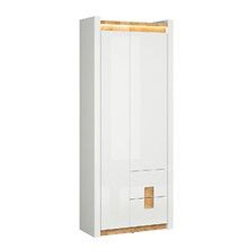 Armoire 2 Portes 2 Tiroirs Avec Led Helios Blanc Laqué Et Bois