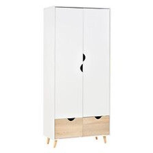 Armoire De Rangement Design Scandinave - Armoire De Chambre - Placard 2 Portes Avec Penderie Et Étagère - 2 Tiroirs Coulissants - Panneaux Particules Blanc Chêne Clair