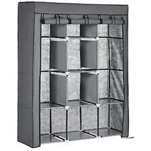 Armoire Penderie Multi-Rangement - 8 Étagères, 2 Barres - Dim. 125l X 43l X 162,5h Cm - Acier Noir Non Tissé Gris