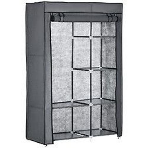 Armoire Penderie Multi-Rangement - 6 Étagères, 1 Barre - Dim. 103l X 43l X 162,5h Cm - Acier Noir Non Tissé Gris