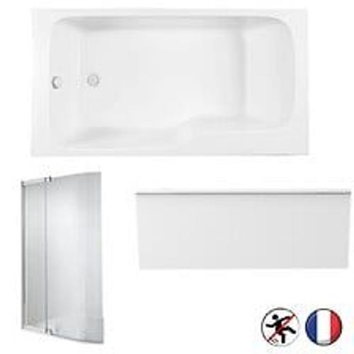 Baignoire bain douche Malice antidérapante + tablier niche + pare bain Blanc Mat, 160 X 85 version droite