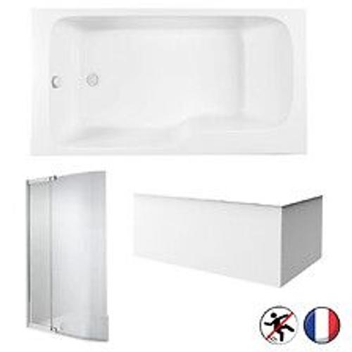 Baignoire bain douche Malice antidérapante + tablier angle + pare bain Blanc Mat, 170 X 90 version gauche