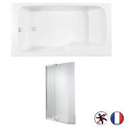 Baignoire bain douche Malice antidérapante + pare bain Blanc Mat, 160 X 85 version droite