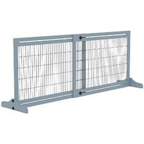 Barrière de sécurité chien barrière autoportante longueur réglable dim. 104-183L x 36l x 69H cm bois pin gris acier noir