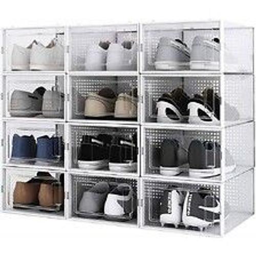 Lot de 12 Boîtes à Chaussures/Rangement Empilables transparentes/blanches en Plastique avec porte et aération 33.4x23x14cm - SECURY-T