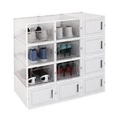 Lot de 12 Boîtes à Chaussures/Rangement Empilables transparentes/blanches en Plastique avec porte et aération 36x28x21cm - SECURY-T