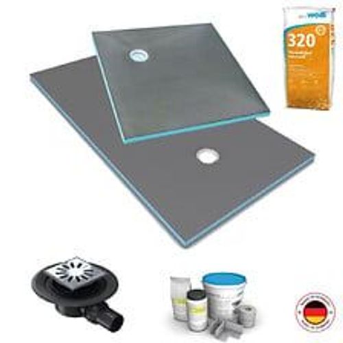 Receveur à carreler Fundo Primo, écoulement excentré + bonde horizontale + kit d étanchéité et colle 320, 90 X 90