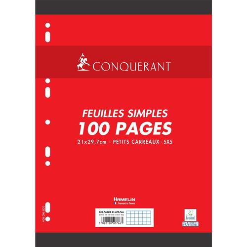 Conquérant Feuilles Simples 100 Pages A4 80g Petits Carreaux
