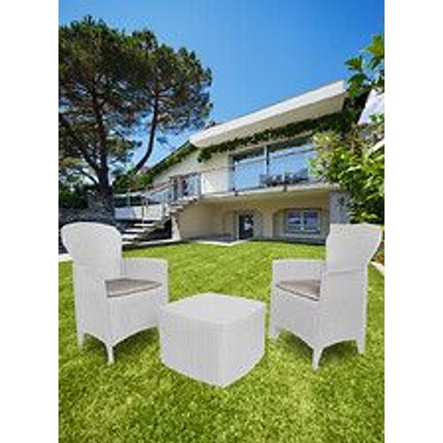 Ensemble De Jardin Avec Coussins, 2 Fauteuils Et 1 Table Conteneur D'extérieur, Made In Italy, Couleur Blanche