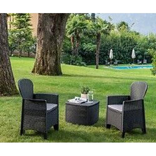 Ensemble De Jardin Avec Coussins, 2 Fauteuils Et 1 Table Conteneur D'extérieur, Made In Italy, Couleur Anthracite