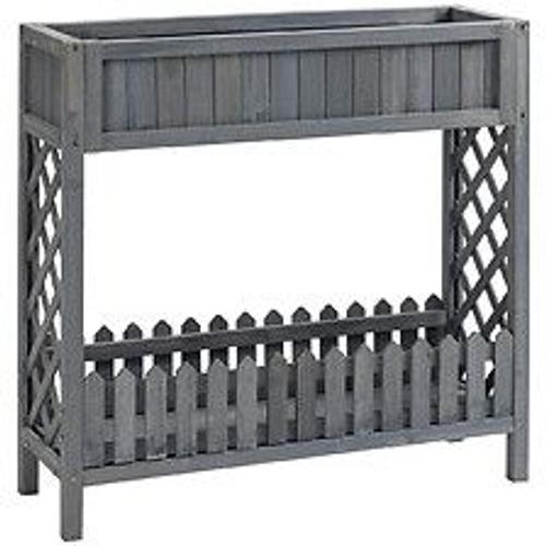 Jardinière Sur Pied Potager Avec Étagère Barrière - Pans Latéraux Treillis - Dim. 90l X 30l X 90h Cm - Bois Sapin Gris