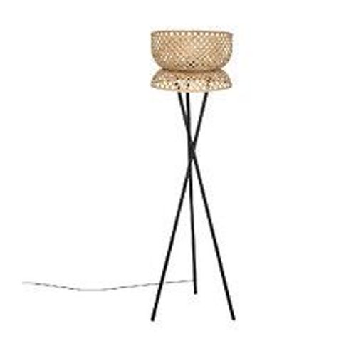 Lampadaire Trépied  En Métal Noir Et Abat-Jour En Bambou H 145 Cm