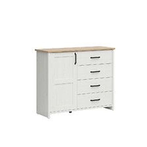 Buffet 1 Porte 4 Tiroirs Aksel Blanc Et Bois