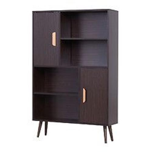 Bibliothèque Scandinave 4 Niches + 2 Placards Avec Étagère Dim. 80l X 24l X 123h Cm Pieds Effilés Inclinés Bois Massif Panneaux Particules Wengé