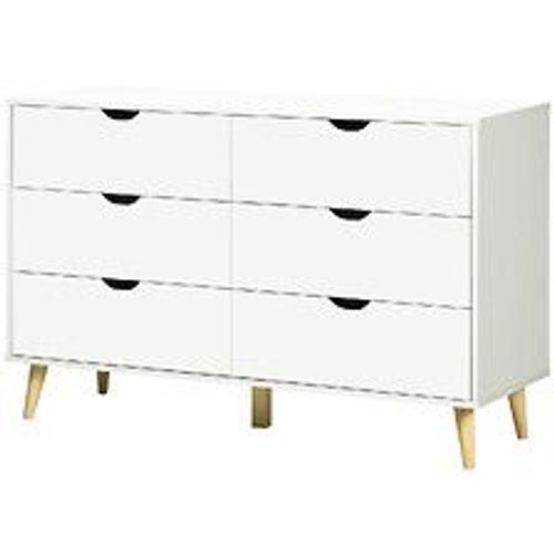 Commode 6 Tiroirs Design Scandinave Piètement Effilé Incliné Bois Pin Panneaux Blanc