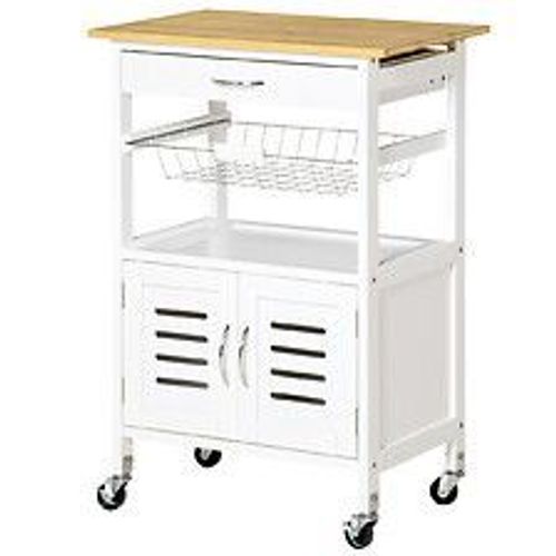 Desserte De Cuisine Multi-Rangement - Dim. 58l X 37l X 83h Cm - 2 Portes, Étagère, Panier, Tiroir - Poignées Métal Mdf Blanc Plateau Bois Bambou Verni