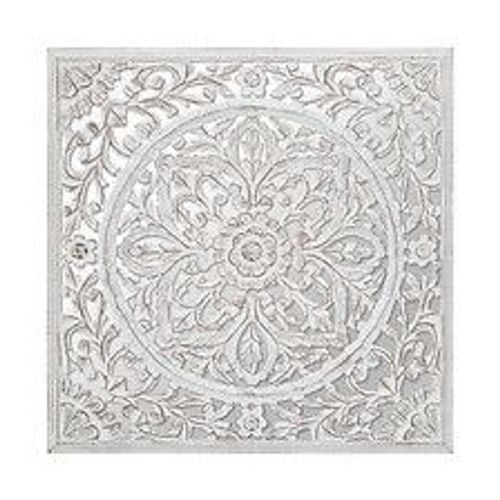 Décoration murale en Bois Blanc sculpté aspect vieilli avec Miroir 58 x 58 cm