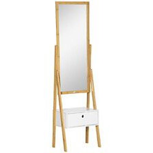 Miroir sur pied avec rangement tiroir en bambou et MDF - dim. 45L x 30l x 160H cm - blanc et naturel