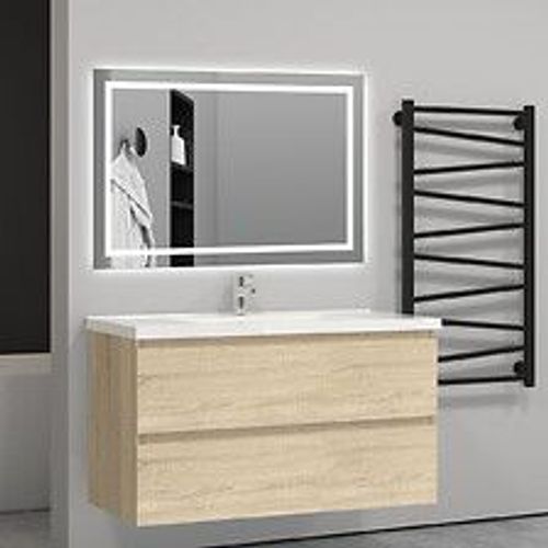 Aica Sanitaire 99(L)X44.5(P)X52(H)Cm Meuble Salle De Bain Naturel Avec 2 Tiroirs À Une Fermeture Amortie Avec Une Vasque À Suspendre