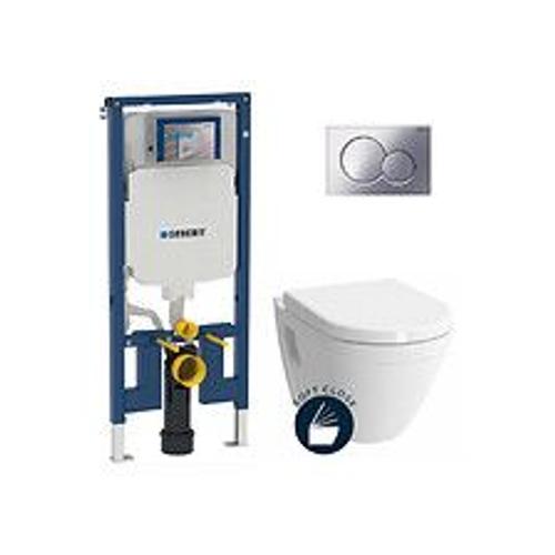 Geberit Pack WC bâti-support UP720 extra-plat + WC suspendu Vitra S50  + Abattant softclose + Plaque chrome (SLIM-S50-N)