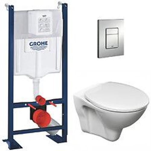 Grohe Pack WC Bâti Autoportant Rapid SL + WC suspendu Cersanit S-line Pro avec abattant + Plaque chrome mat (ProjectS-LinePro-5)