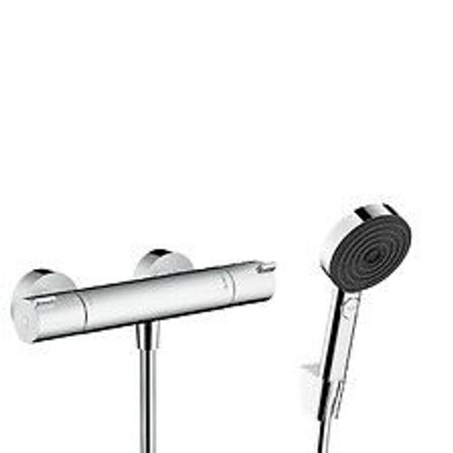 Hansgrohe Ecostat Set Mitigeur thermostatique douche + Douchette à main XXL 105mm 3 jets + Flexible de douche 125cm, support mural, Chrome