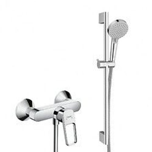 Hansgrohe Set de douche Mitigeur Logis + Douchette Vernis 2 jets + Barre de douche, Chrome  (71247000-Vernis)