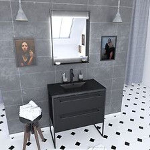 Meuble De Salle De Bain 80x50 Cm - 2 Tiroirs Noir Mat - Vasque Résine Noire Effet Pierre + Miroir