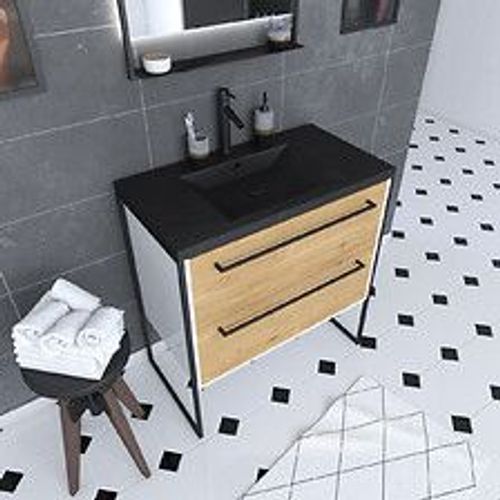 Meuble De Salle De Bain 80x50 Cm + 2 Tiroirs Chêne Naturel + Vasque Résine Noir Effet Pierre
