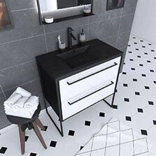 Meuble De Salle De Bain 80x50 Cm Noir Mat - 2 Tiroirs Blanc - Vasque Résine Noire Effet Pierre