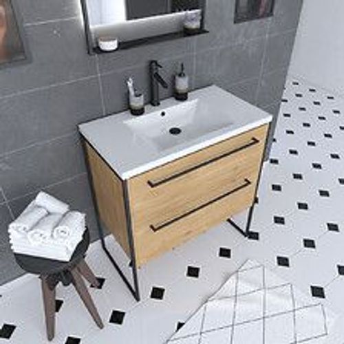 Meuble De Salle De Bain 80x50cm - Vasque Blanche 80x50cm - 2 Tiroirs Finition Chêne Naturel